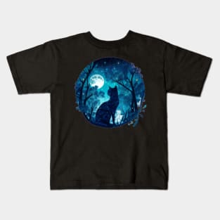 moonlight blue galaxy forest cat Kids T-Shirt
